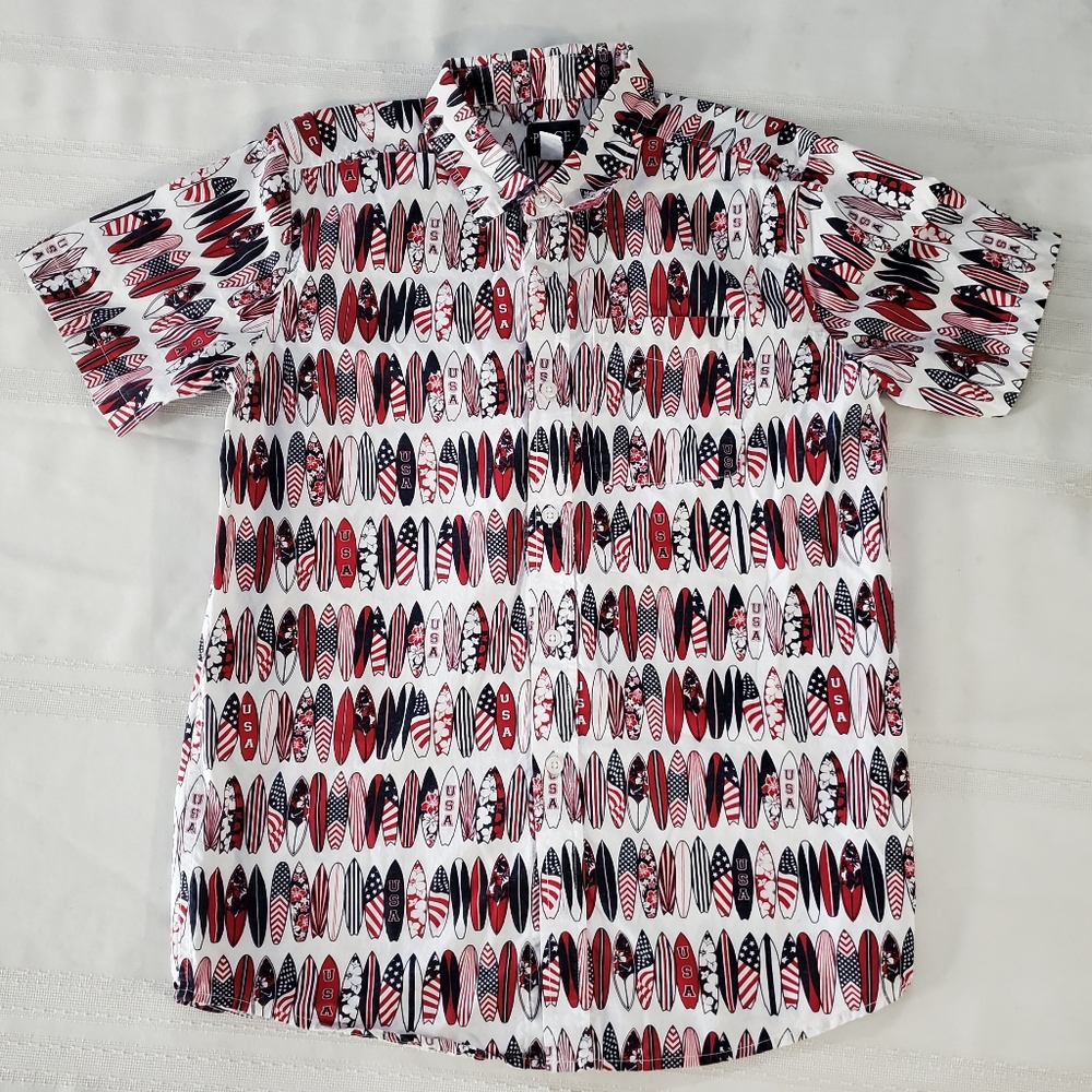Place Kids Boy XXL(16) 100% Cotton Red Blue White USA Surf Buttons Up Shirt